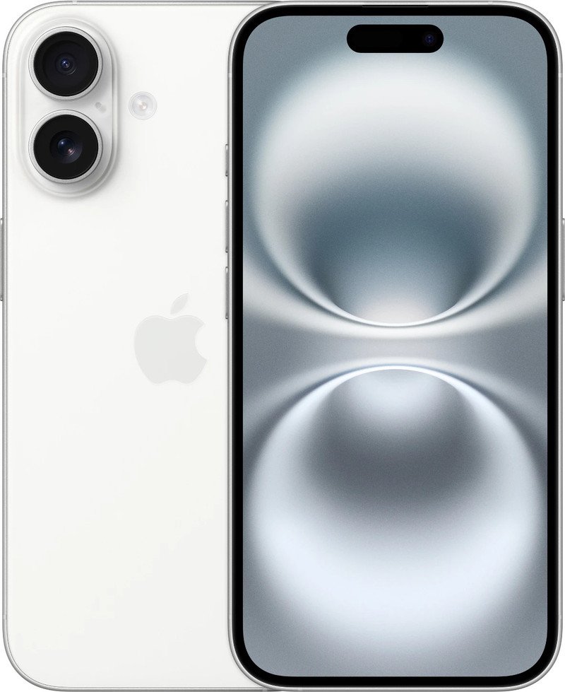 Apple iPhone 16 in White, front and back view