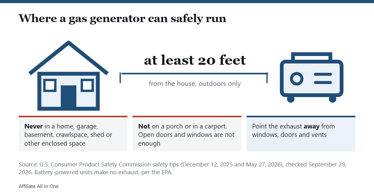 Diagram of a house and a gas generator at least 20 feet apart, with CPSC rules: never in an enclosed space, not on a porch or in a carport, and exhaust pointed away from windows, doors and vents