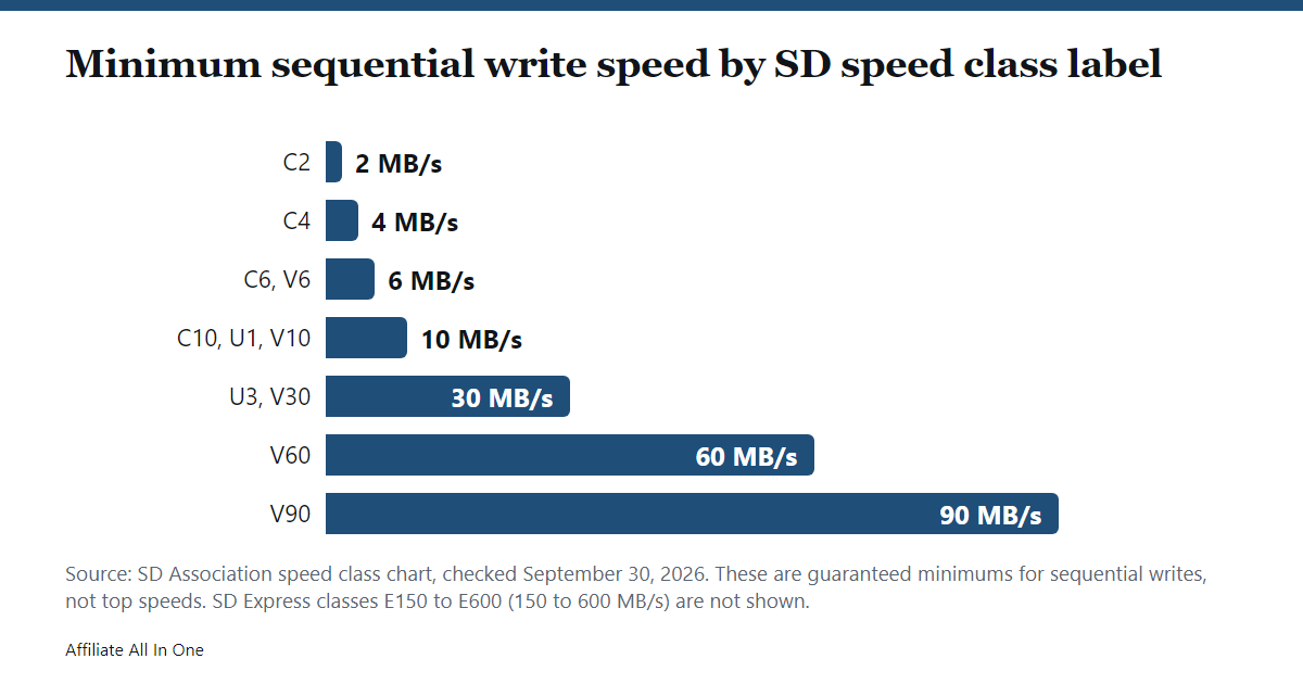 Bar chart of minimum sequential write speed by SD speed class label: C2 is 2 MB/s, C4 is 4, C6 and V6 are 6, C10 and U1 and V10 are 10, U3 and V30 are 30, V60 is 60 and V90 is 90 MB/s