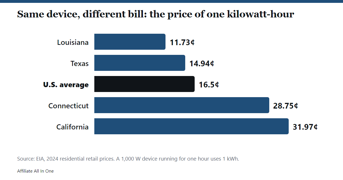 Bar chart of the 2024 residential price of one kilowatt-hour: Louisiana 11.73 cents, Texas 14.94, U.S. average 16.5, Connecticut 28.75, California 31.97